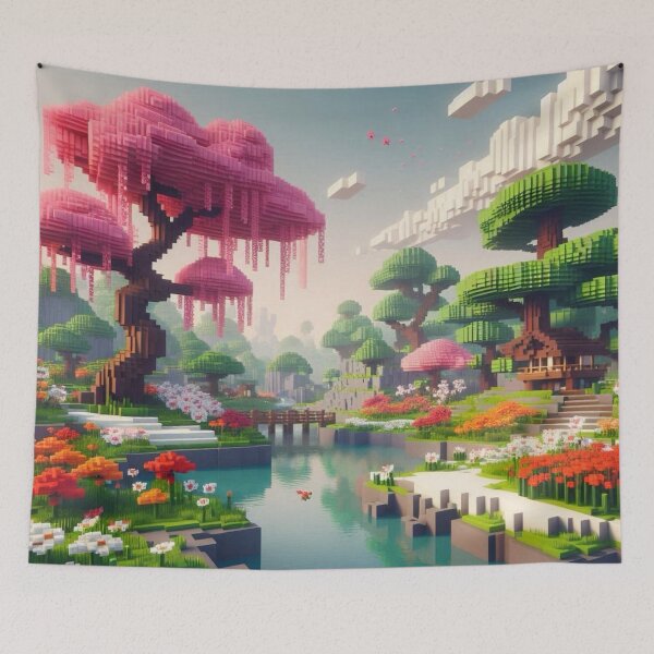 Item preview, Minecraft world, Japanese garden, cherry blossom trees, Japan, gaming, blue sky, pixel art, blocky digital landscape designed and sold by Sugar Wisdom .
