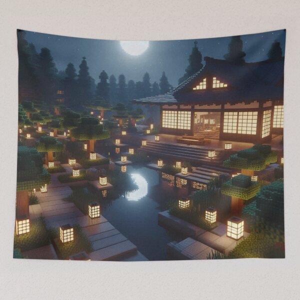 Item preview, Minecraft world, Japanese garden, cherry blossom trees, Japan, gaming, blue sky, pixel art, blocky digital landscape designed and sold by Sugar Wisdom .