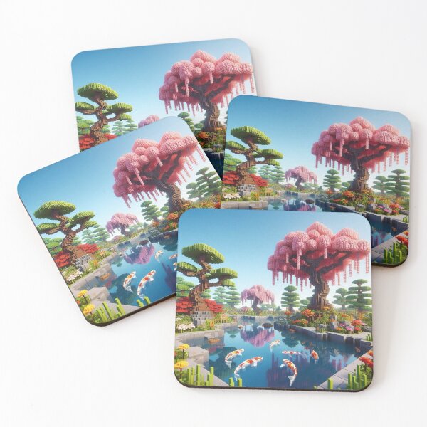 Item preview, Minecraft world, Japanese garden, cherry blossom trees, Japan, gaming, blue sky, pixel art, blocky digital landscape designed and sold by Sugar Wisdom .