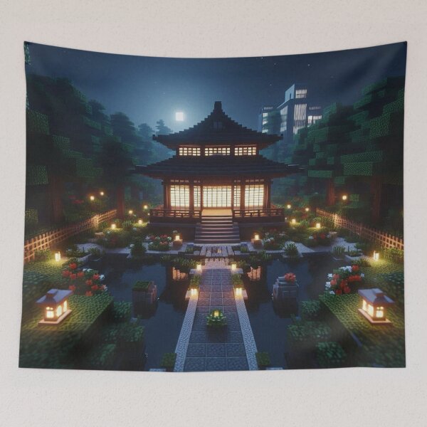 Item preview, Minecraft world, Japanese garden, cherry blossom trees, Japan, gaming, blue sky, pixel art, blocky digital landscape designed and sold by Sugar Wisdom .