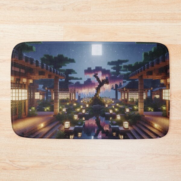 Item preview, Minecraft world, Japanese garden, cherry blossom trees, Japan, gaming, blue sky, pixel art, blocky digital landscape designed and sold by Sugar Wisdom .