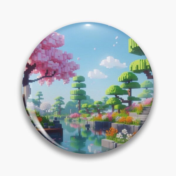 Item preview, Minecraft world, Japanese garden, cherry blossom trees, Japan, gaming, blue sky, pixel art, blocky digital landscape designed and sold by Sugar Wisdom .