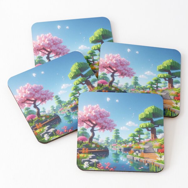 Item preview, Minecraft world, Japanese garden, cherry blossom trees, Japan, gaming, blue sky, pixel art, blocky digital landscape designed and sold by Sugar Wisdom .