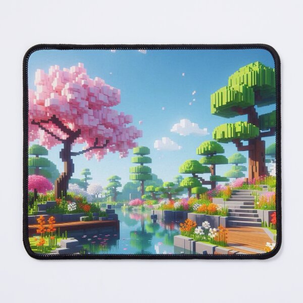 Item preview, Minecraft world, Japanese garden, cherry blossom trees, Japan, gaming, blue sky, pixel art, blocky digital landscape designed and sold by Sugar Wisdom .