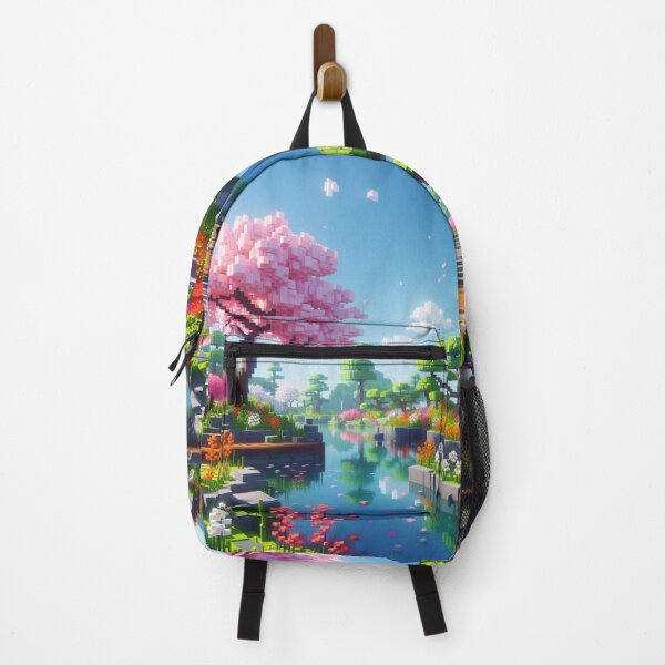 Item preview, Minecraft world, Japanese garden, cherry blossom trees, Japan, gaming, blue sky, pixel art, blocky digital landscape designed and sold by Sugar Wisdom .