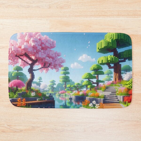 Item preview, Minecraft world, Japanese garden, cherry blossom trees, Japan, gaming, blue sky, pixel art, blocky digital landscape designed and sold by Sugar Wisdom .