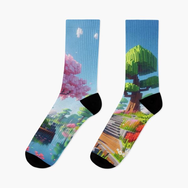 Item preview, Minecraft world, Japanese garden, cherry blossom trees, Japan, gaming, blue sky, pixel art, blocky digital landscape designed and sold by Sugar Wisdom .