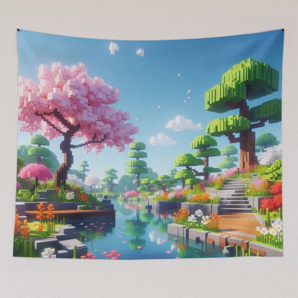 Item preview, Minecraft world, Japanese garden, cherry blossom trees, Japan, gaming, blue sky, pixel art, blocky digital landscape designed and sold by Sugar Wisdom .