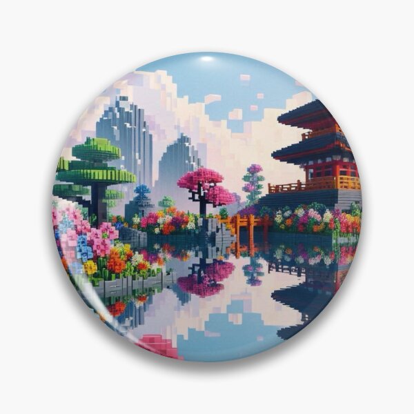 Item preview, Minecraft world, Japanese garden, cherry blossom trees, Japan, gaming, blue sky, pixel art, blocky digital landscape designed and sold by Sugar Wisdom .