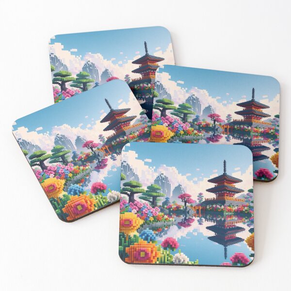 Item preview, Minecraft world, Japanese garden, cherry blossom trees, Japan, gaming, blue sky, pixel art, blocky digital landscape designed and sold by Sugar Wisdom .