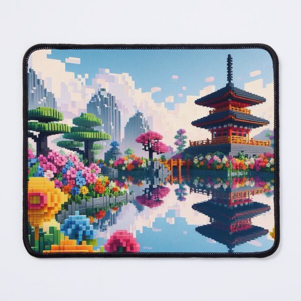Item preview, Minecraft world, Japanese garden, cherry blossom trees, Japan, gaming, blue sky, pixel art, blocky digital landscape designed and sold by Sugar Wisdom .
