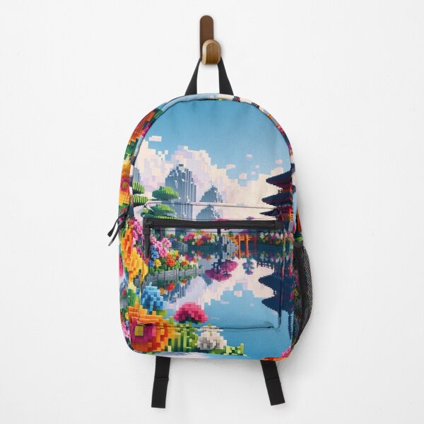 Item preview, Minecraft world, Japanese garden, cherry blossom trees, Japan, gaming, blue sky, pixel art, blocky digital landscape designed and sold by Sugar Wisdom .