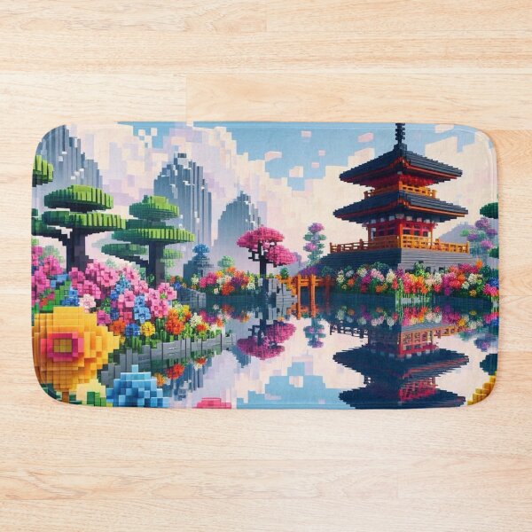 Item preview, Minecraft world, Japanese garden, cherry blossom trees, Japan, gaming, blue sky, pixel art, blocky digital landscape designed and sold by Sugar Wisdom .
