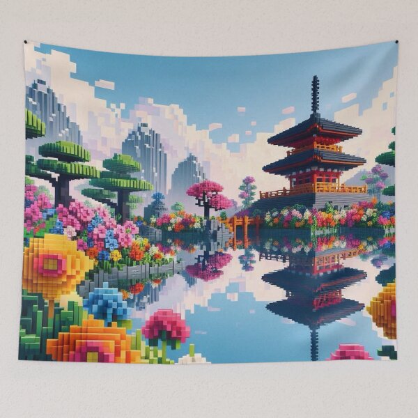 Item preview, Minecraft world, Japanese garden, cherry blossom trees, Japan, gaming, blue sky, pixel art, blocky digital landscape designed and sold by Sugar Wisdom .
