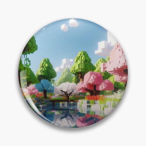 Item preview, Minecraft world, Japanese garden, cherry blossom trees, Japan, gaming, blue sky, pixel art, blocky digital landscape designed and sold by Sugar Wisdom .