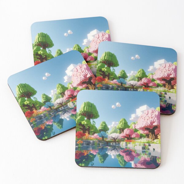 Item preview, Minecraft world, Japanese garden, cherry blossom trees, Japan, gaming, blue sky, pixel art, blocky digital landscape designed and sold by Sugar Wisdom .