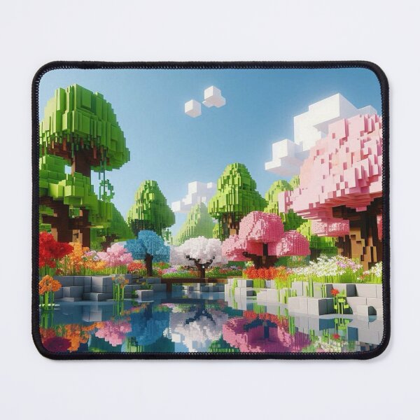 Item preview, Minecraft world, Japanese garden, cherry blossom trees, Japan, gaming, blue sky, pixel art, blocky digital landscape designed and sold by Sugar Wisdom .