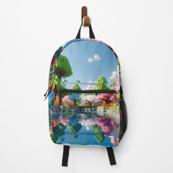 Item preview, Minecraft world, Japanese garden, cherry blossom trees, Japan, gaming, blue sky, pixel art, blocky digital landscape designed and sold by Sugar Wisdom .