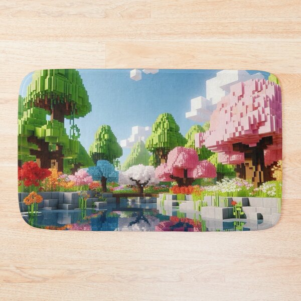 Item preview, Minecraft world, Japanese garden, cherry blossom trees, Japan, gaming, blue sky, pixel art, blocky digital landscape designed and sold by Sugar Wisdom .