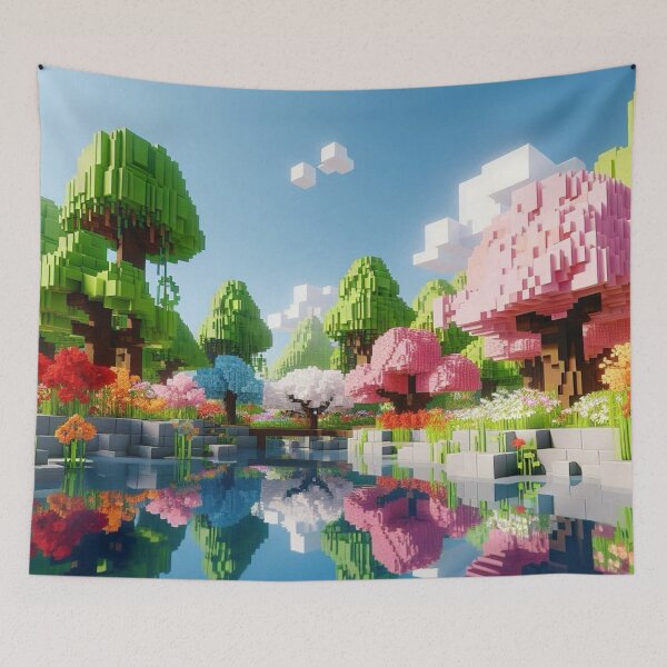 Item preview, Minecraft world, Japanese garden, cherry blossom trees, Japan, gaming, blue sky, pixel art, blocky digital landscape designed and sold by Sugar Wisdom .