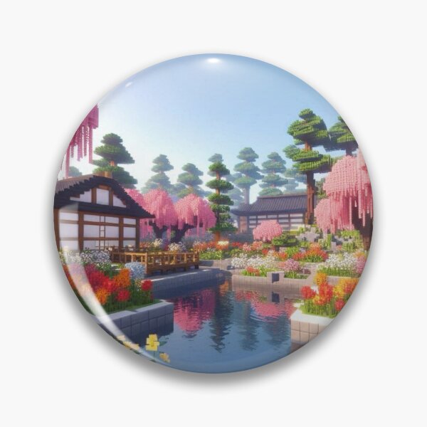 Item preview, Minecraft world, Japanese garden, cherry blossom trees, Japan, gaming, blue sky, pixel art, blocky digital landscape designed and sold by Sugar Wisdom .