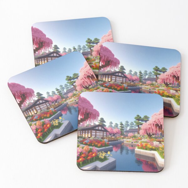 Item preview, Minecraft world, Japanese garden, cherry blossom trees, Japan, gaming, blue sky, pixel art, blocky digital landscape designed and sold by Sugar Wisdom .