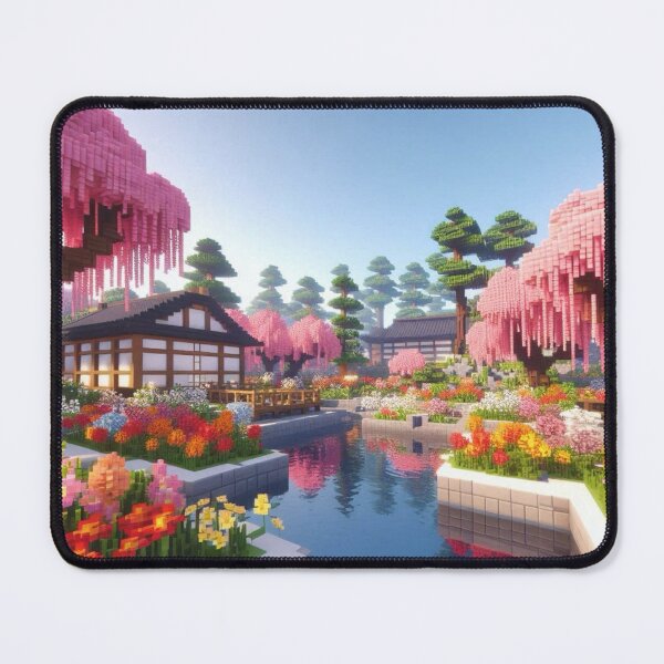 Item preview, Minecraft world, Japanese garden, cherry blossom trees, Japan, gaming, blue sky, pixel art, blocky digital landscape designed and sold by Sugar Wisdom .