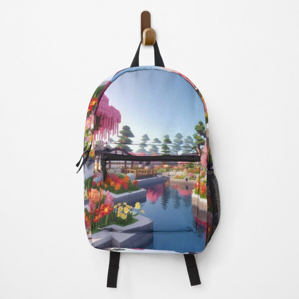 Item preview, Minecraft world, Japanese garden, cherry blossom trees, Japan, gaming, blue sky, pixel art, blocky digital landscape designed and sold by Sugar Wisdom .