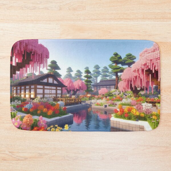 Item preview, Minecraft world, Japanese garden, cherry blossom trees, Japan, gaming, blue sky, pixel art, blocky digital landscape designed and sold by Sugar Wisdom .