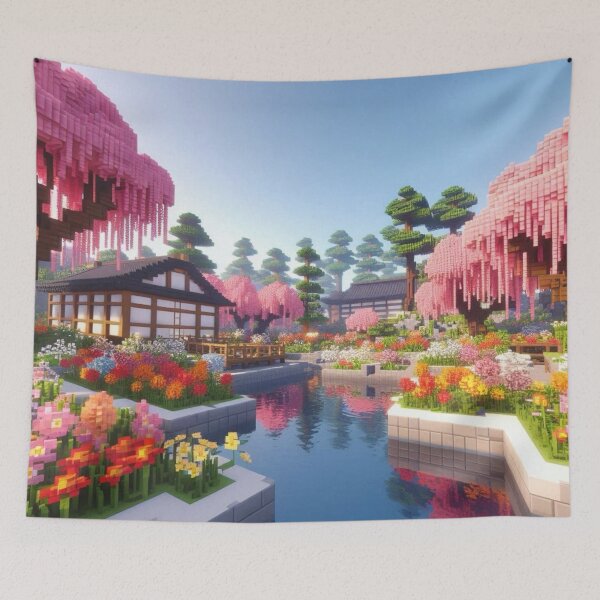 Item preview, Minecraft world, Japanese garden, cherry blossom trees, Japan, gaming, blue sky, pixel art, blocky digital landscape designed and sold by Sugar Wisdom .
