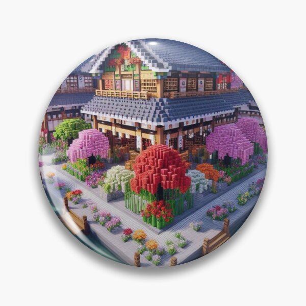 Item preview, Minecraft world, Japanese garden, cherry blossom trees, Japan, gaming, blue sky, pixel art, blocky digital landscape designed and sold by Sugar Wisdom .