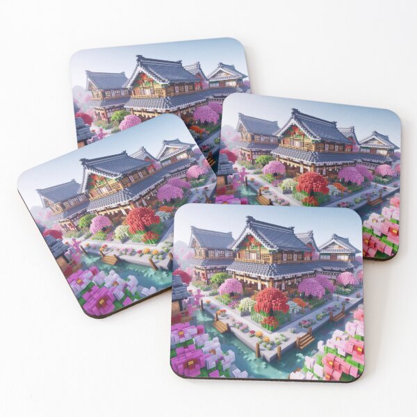 Item preview, Minecraft world, Japanese garden, cherry blossom trees, Japan, gaming, blue sky, pixel art, blocky digital landscape designed and sold by Sugar Wisdom .