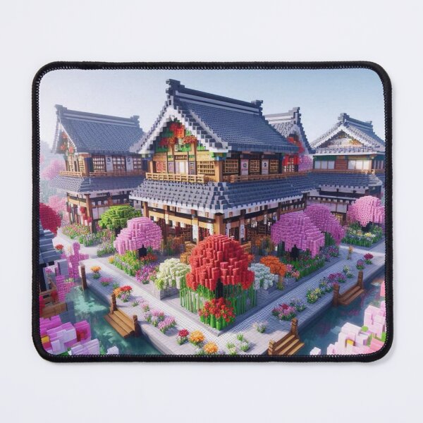 Item preview, Minecraft world, Japanese garden, cherry blossom trees, Japan, gaming, blue sky, pixel art, blocky digital landscape designed and sold by Sugar Wisdom .