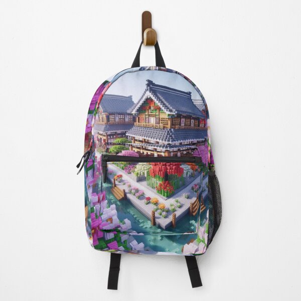 Item preview, Minecraft world, Japanese garden, cherry blossom trees, Japan, gaming, blue sky, pixel art, blocky digital landscape designed and sold by Sugar Wisdom .