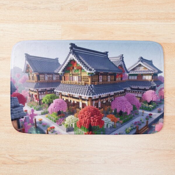 Item preview, Minecraft world, Japanese garden, cherry blossom trees, Japan, gaming, blue sky, pixel art, blocky digital landscape designed and sold by Sugar Wisdom .