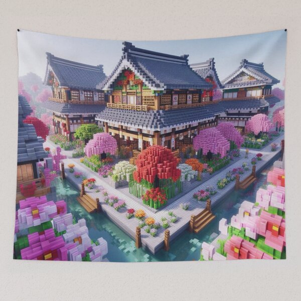 Item preview, Minecraft world, Japanese garden, cherry blossom trees, Japan, gaming, blue sky, pixel art, blocky digital landscape designed and sold by Sugar Wisdom .
