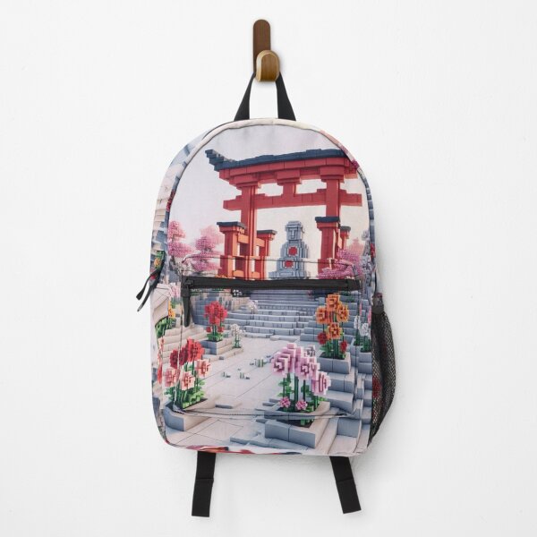 Item preview, Minecraft world, Japanese garden, cherry blossom trees, Japan, gaming, blue sky, pixel art, blocky digital landscape designed and sold by Sugar Wisdom .