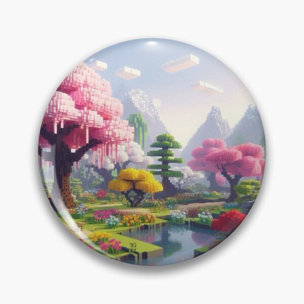 Item preview, Minecraft world, Japanese garden, cherry blossom trees, Japan, gaming, blue sky, pixel art, blocky digital landscape designed and sold by Sugar Wisdom .