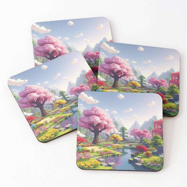 Item preview, Minecraft world, Japanese garden, cherry blossom trees, Japan, gaming, blue sky, pixel art, blocky digital landscape designed and sold by Sugar Wisdom .