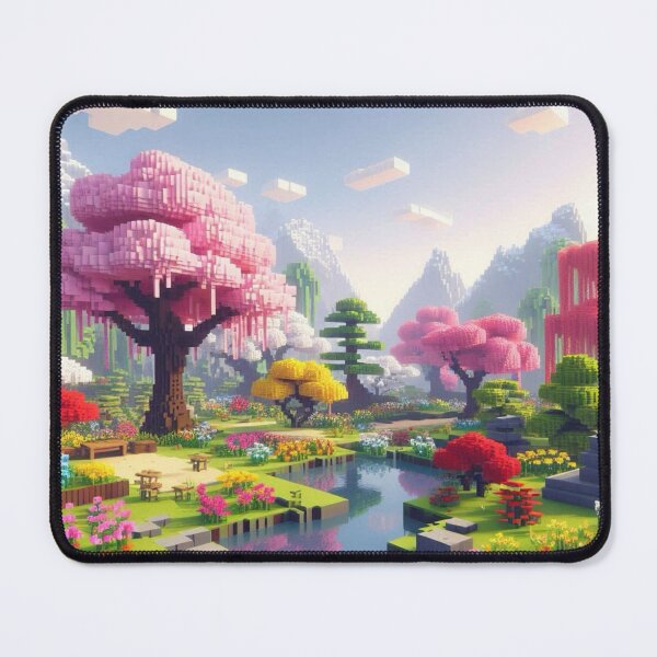 Item preview, Minecraft world, Japanese garden, cherry blossom trees, Japan, gaming, blue sky, pixel art, blocky digital landscape designed and sold by Sugar Wisdom .