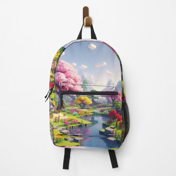 Item preview, Minecraft world, Japanese garden, cherry blossom trees, Japan, gaming, blue sky, pixel art, blocky digital landscape designed and sold by Sugar Wisdom .