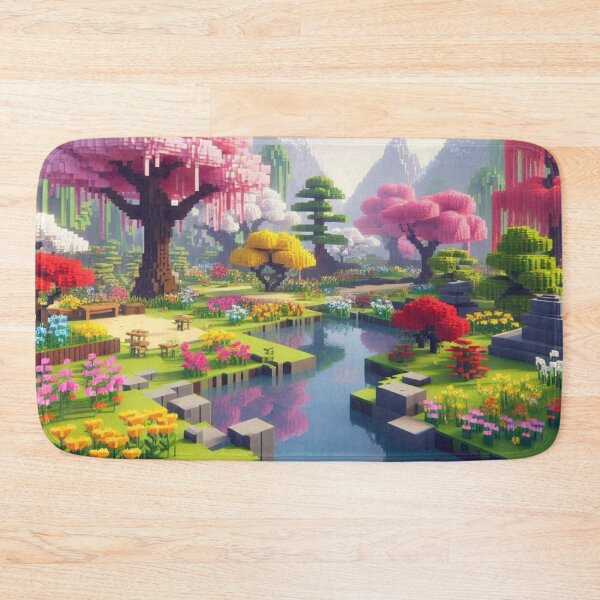 Item preview, Minecraft world, Japanese garden, cherry blossom trees, Japan, gaming, blue sky, pixel art, blocky digital landscape designed and sold by Sugar Wisdom .