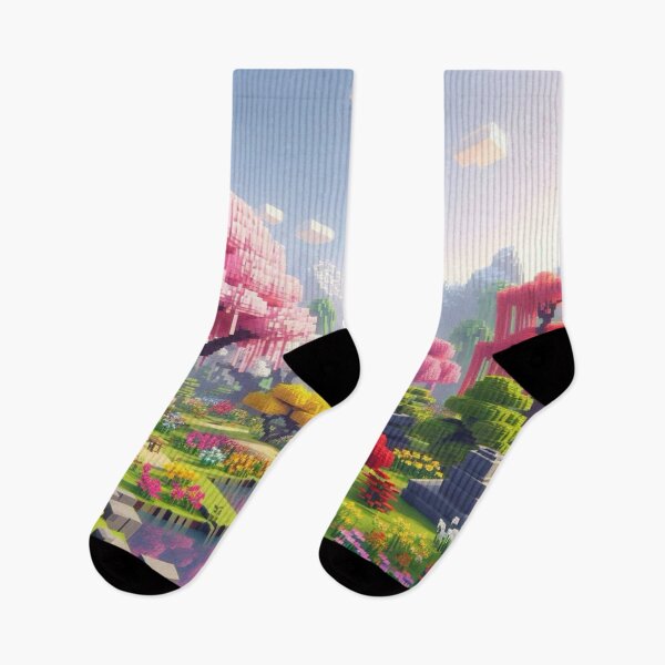 Item preview, Minecraft world, Japanese garden, cherry blossom trees, Japan, gaming, blue sky, pixel art, blocky digital landscape designed and sold by Sugar Wisdom .