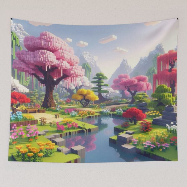 Item preview, Minecraft world, Japanese garden, cherry blossom trees, Japan, gaming, blue sky, pixel art, blocky digital landscape designed and sold by Sugar Wisdom .