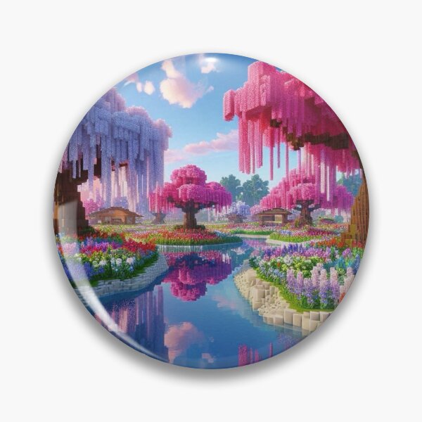 Item preview, Minecraft world, Japanese garden, cherry blossom trees, Japan, gaming, blue sky, pixel art, blocky digital landscape designed and sold by Sugar Wisdom .