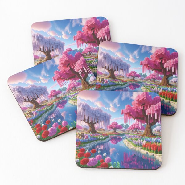 Item preview, Minecraft world, Japanese garden, cherry blossom trees, Japan, gaming, blue sky, pixel art, blocky digital landscape designed and sold by Sugar Wisdom .