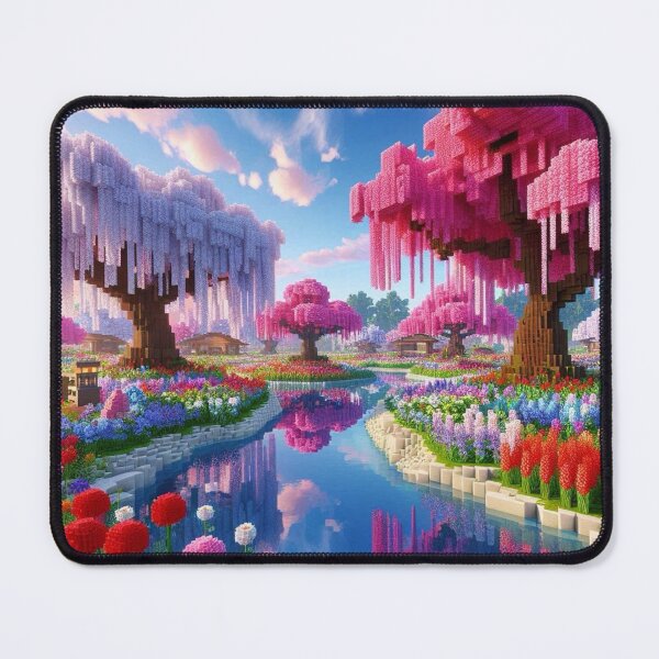 Item preview, Minecraft world, Japanese garden, cherry blossom trees, Japan, gaming, blue sky, pixel art, blocky digital landscape designed and sold by Sugar Wisdom .