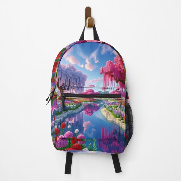 Item preview, Minecraft world, Japanese garden, cherry blossom trees, Japan, gaming, blue sky, pixel art, blocky digital landscape designed and sold by Sugar Wisdom .