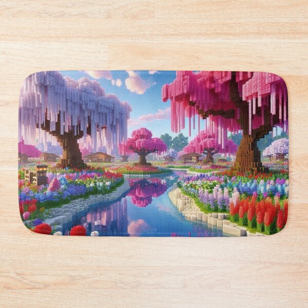 Item preview, Minecraft world, Japanese garden, cherry blossom trees, Japan, gaming, blue sky, pixel art, blocky digital landscape designed and sold by Sugar Wisdom .