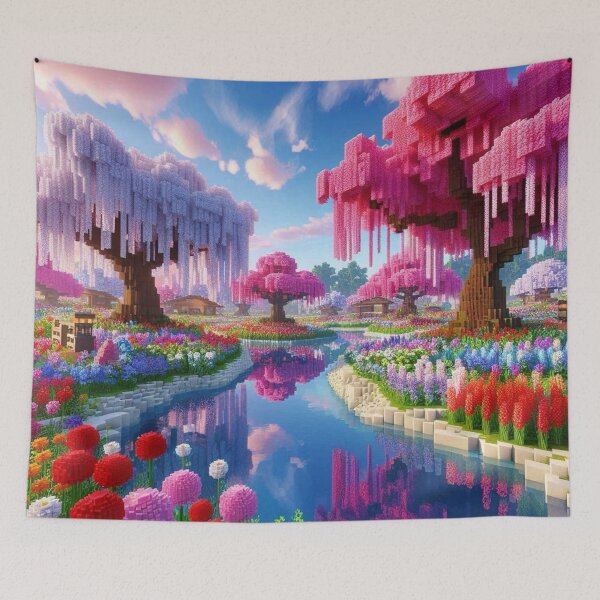 Item preview, Minecraft world, Japanese garden, cherry blossom trees, Japan, gaming, blue sky, pixel art, blocky digital landscape designed and sold by Sugar Wisdom .